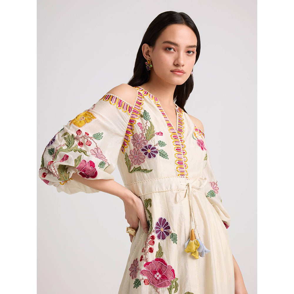 CHANDRIMA Ivory Floral Cold Shoulder Midi Dress