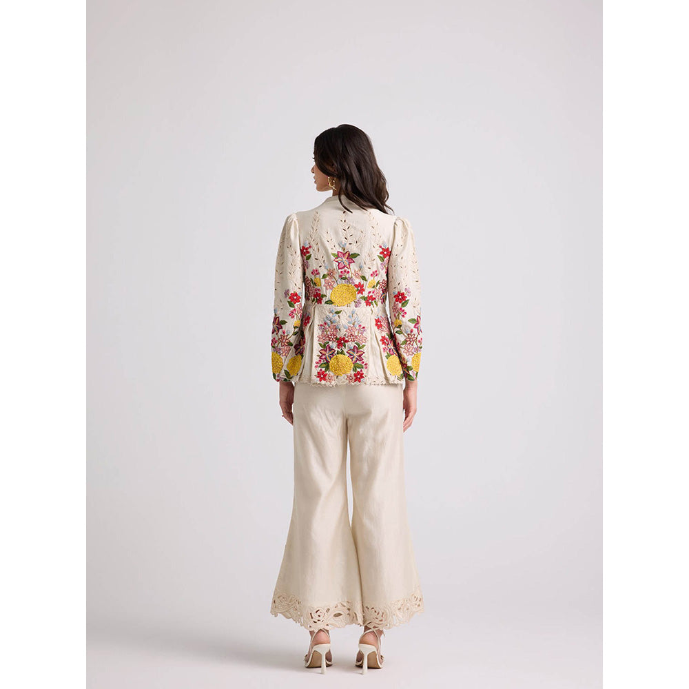 CHANDRIMA Ivory Floral Threadwork Bell Bottom Pants