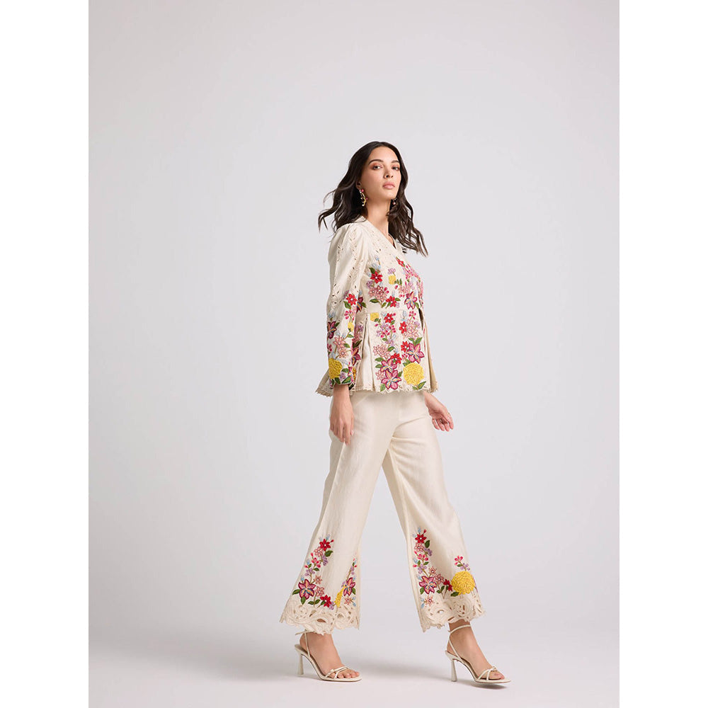 CHANDRIMA Ivory Floral Threadwork Bell Bottom Pants