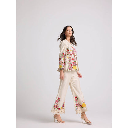 CHANDRIMA Ivory Floral Threadwork Bell Bottom Pants
