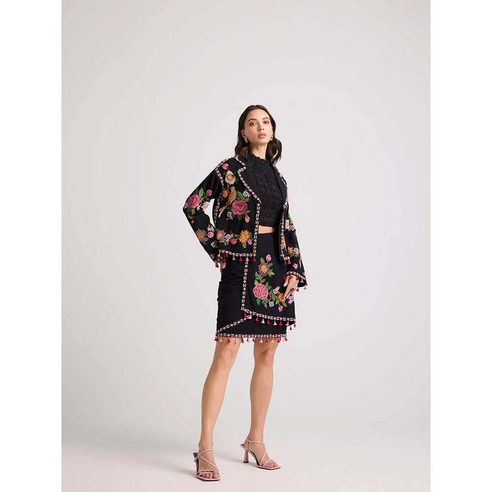 CHANDRIMA Black Floral Threadwork Short Jacket