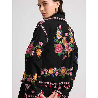 CHANDRIMA Black Floral Threadwork Short Jacket