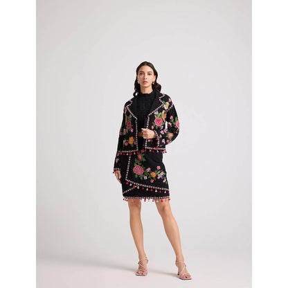 CHANDRIMA Black Floral Threadwork Skirt