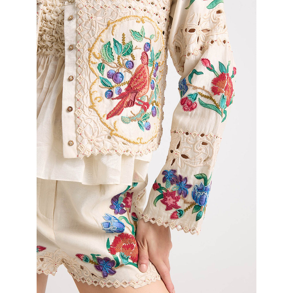 CHANDRIMA Ivory Applique and Beadwork Shorts