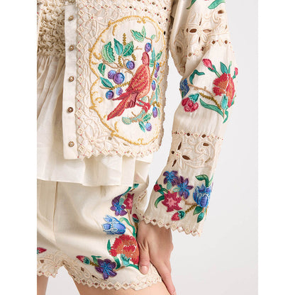 CHANDRIMA Ivory Applique and Beadwork Shorts