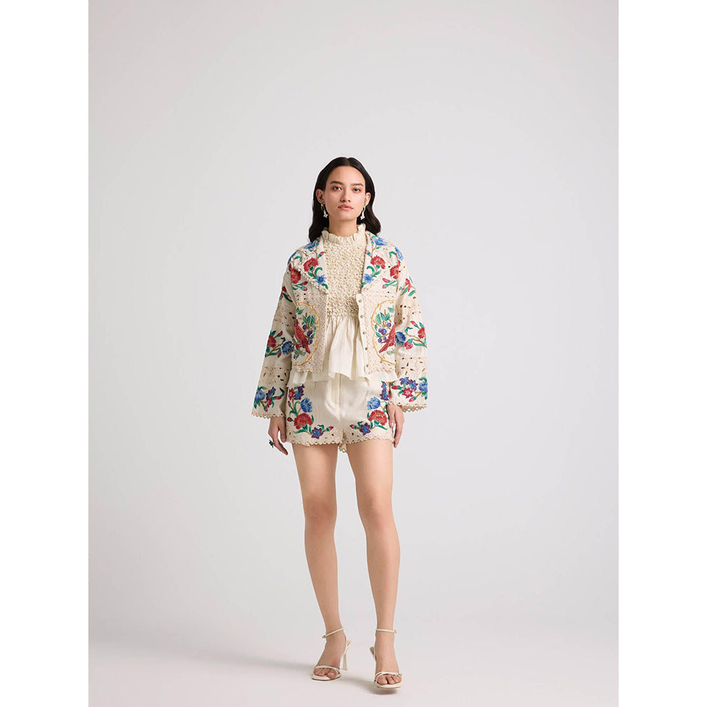 CHANDRIMA Ivory Applique and Beadwork Shorts