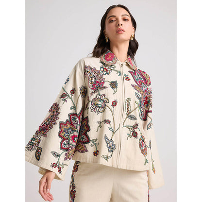 CHANDRIMA Ivory Contrast Floral Cordwork Short Jacket