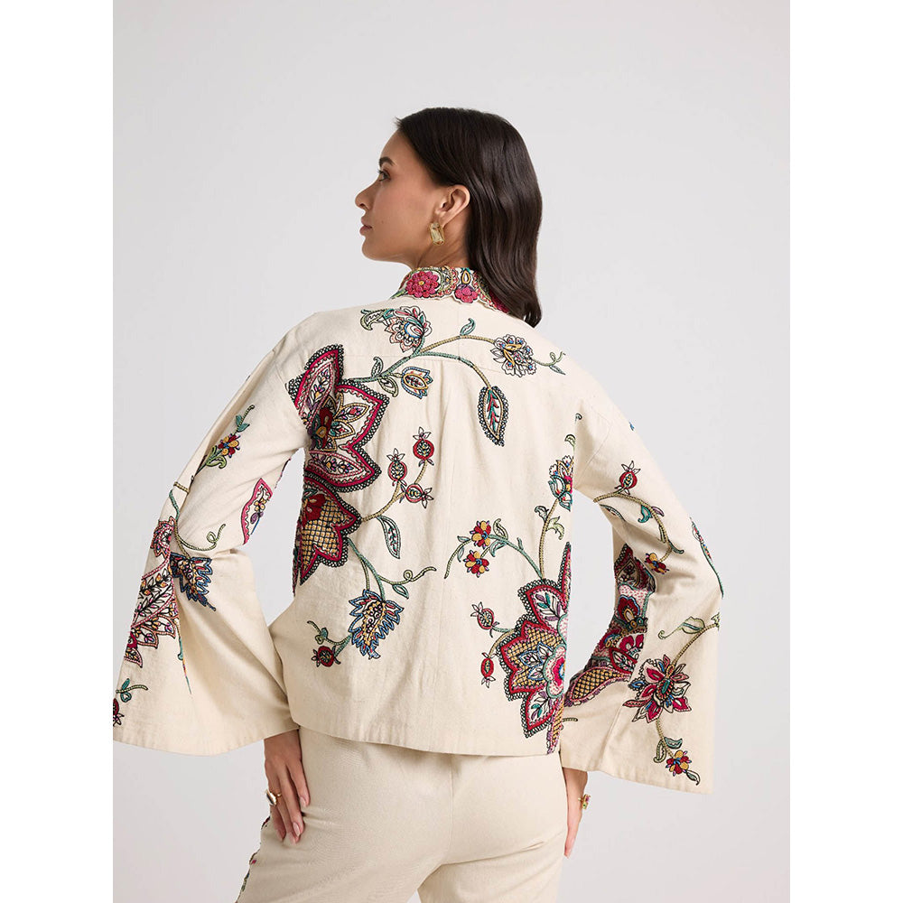 CHANDRIMA Ivory Contrast Floral Cordwork Short Jacket