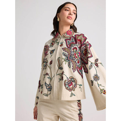 CHANDRIMA Ivory Contrast Floral Cordwork Short Jacket