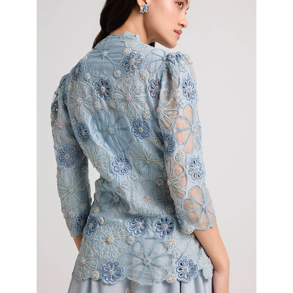 CHANDRIMA Powder Blue Sheer Applique Peplum Jacket