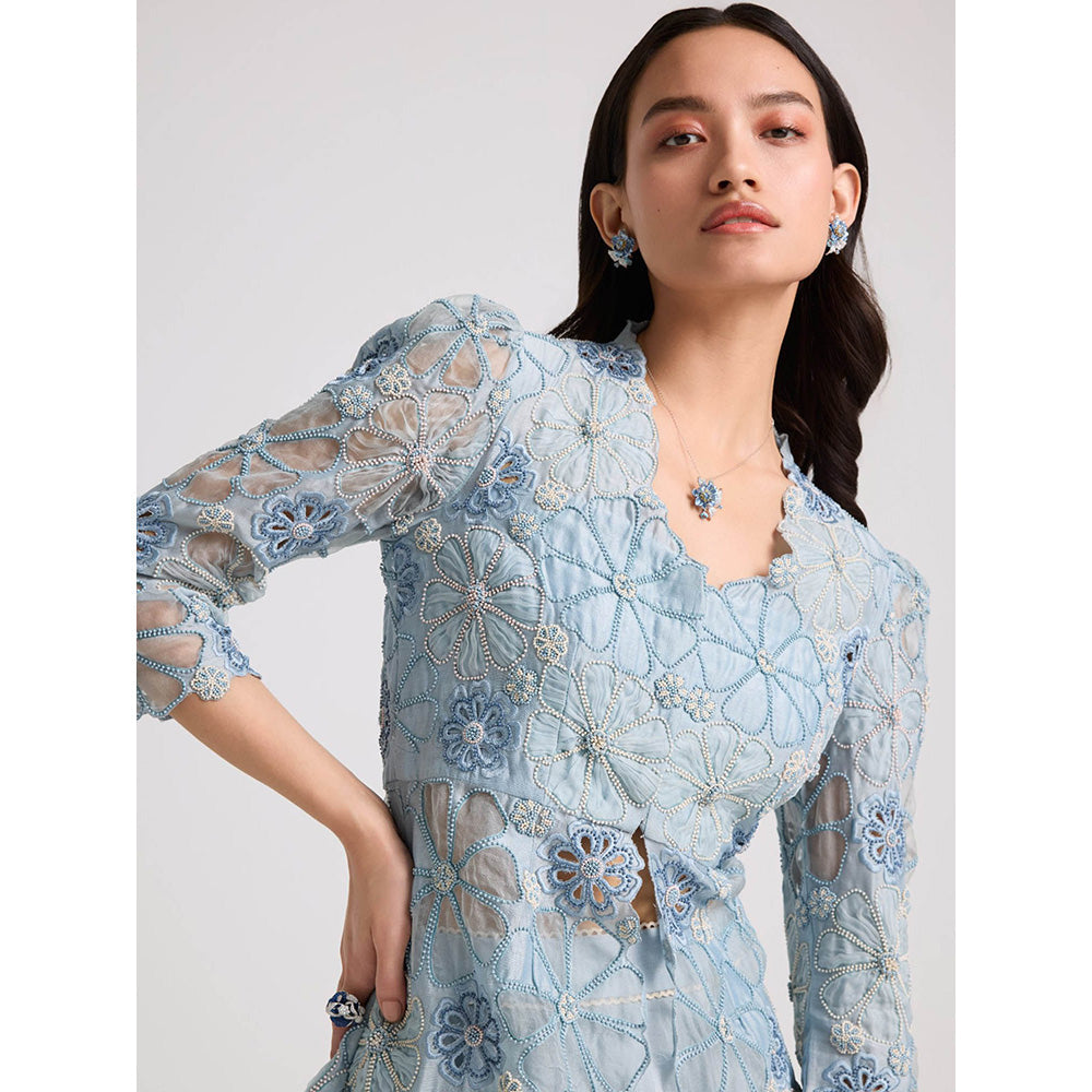 CHANDRIMA Powder Blue Sheer Applique Peplum Jacket
