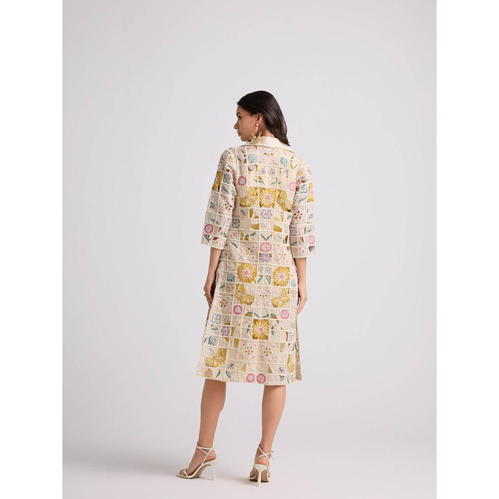 CHANDRIMA Ivory Floral Checkered Long Jacket