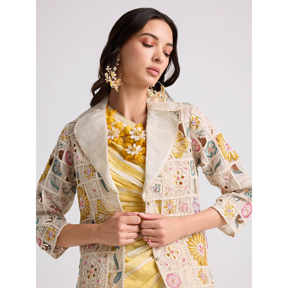 CHANDRIMA Ivory Floral Checkered Long Jacket