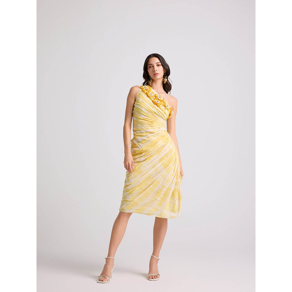 CHANDRIMA Yellow Tie-Dye Asymmetrical Ruched Dress