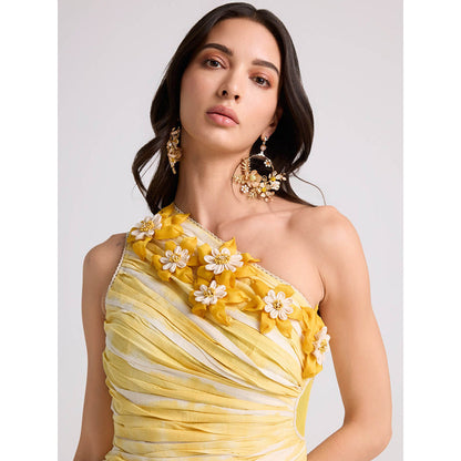 CHANDRIMA Yellow Tie-Dye Asymmetrical Ruched Dress