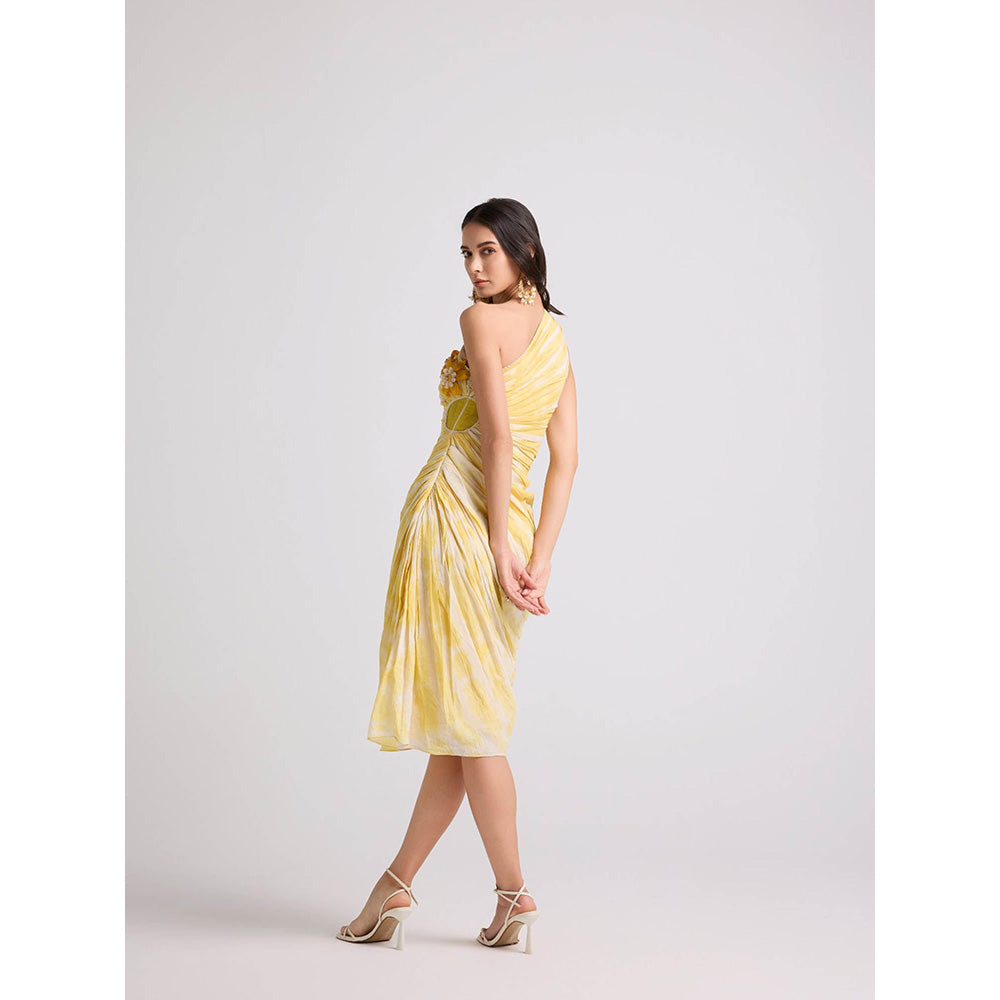 CHANDRIMA Yellow Tie-Dye Asymmetrical Ruched Dress