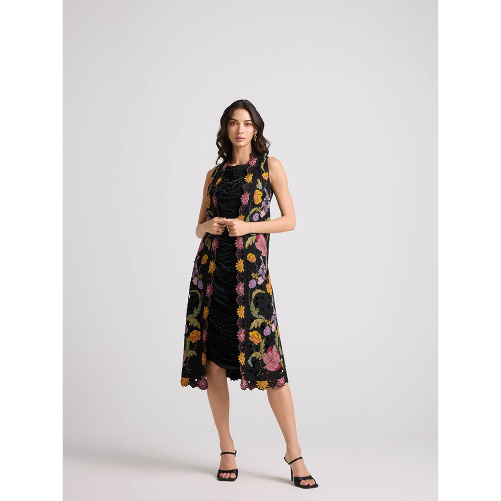 CHANDRIMA Black Floral Threadwork and Beadwork Long Jacket