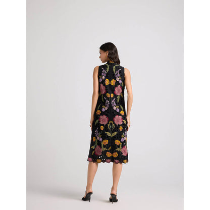 CHANDRIMA Black Floral Threadwork and Beadwork Long Jacket