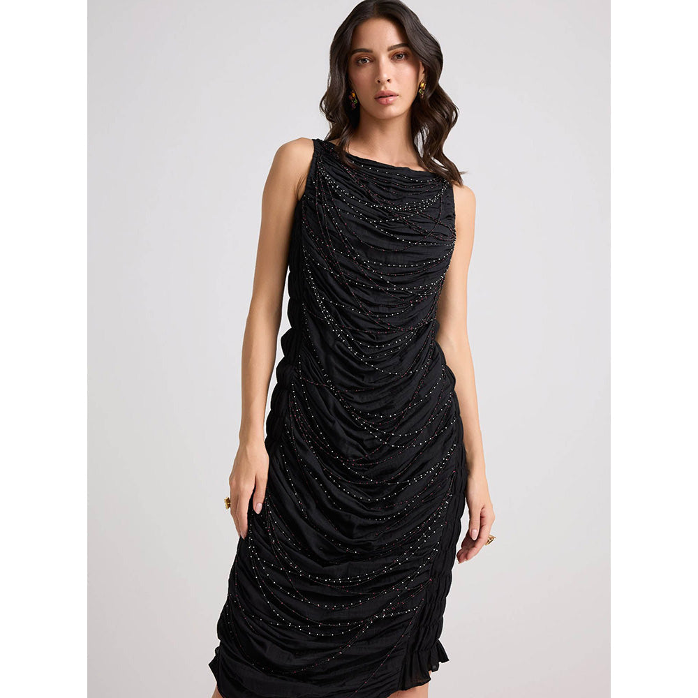 CHANDRIMA Black Beadwork Cowl Dress
