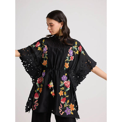 CHANDRIMA Black Applique and Beadwork Smocked Kaftan