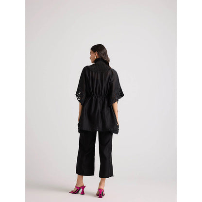 CHANDRIMA Black Applique and Beadwork Smocked Kaftan