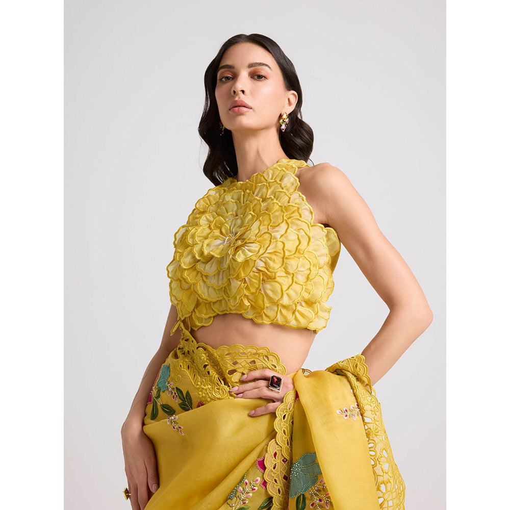 CHANDRIMA Yellow Shaded Dahlia 3D Applique Crop Top