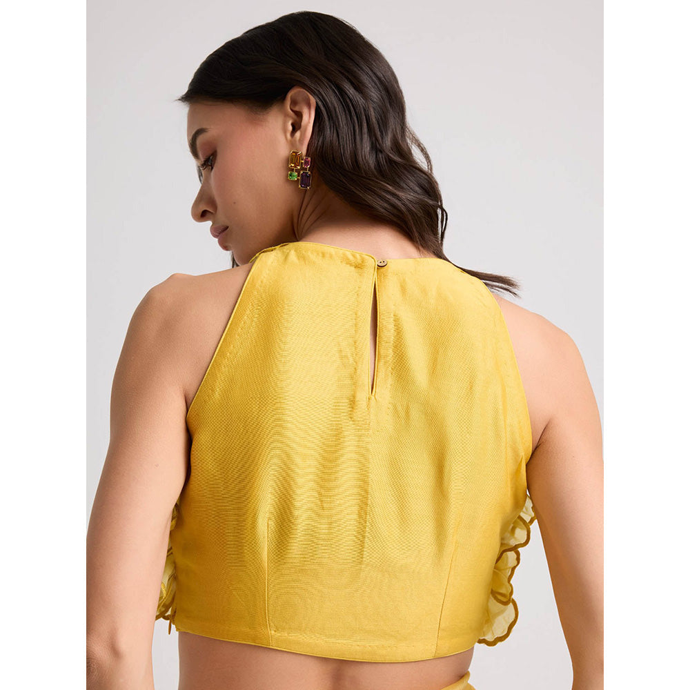 CHANDRIMA Yellow Shaded Dahlia 3D Applique Crop Top