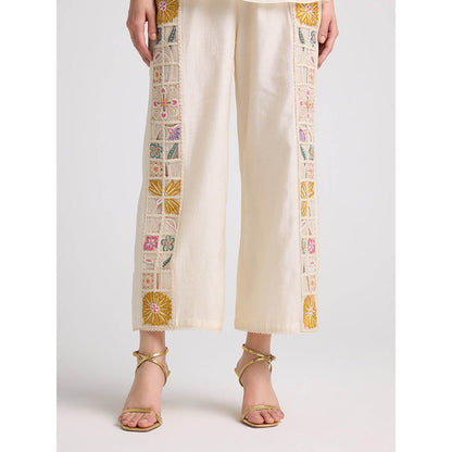 CHANDRIMA Ivory Checkered Embroidered Pants