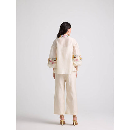 CHANDRIMA Ivory Checkered Embroidered Pants