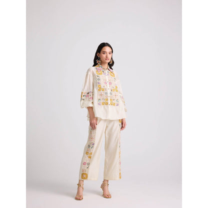 CHANDRIMA Ivory Checkered Embroidered Pants
