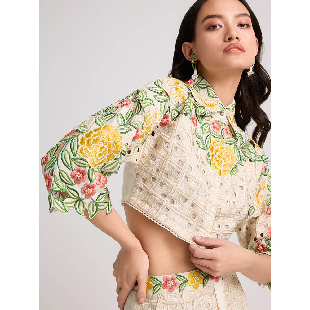 CHANDRIMA Ivory Floral Checkered Cutwork Crop Top