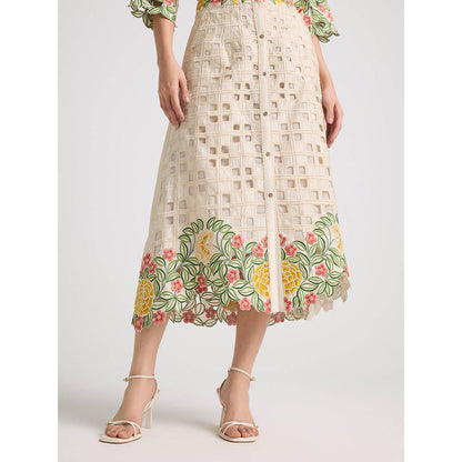 CHANDRIMA Ivory Floral Checkered Cutwork Button-Down Skirt