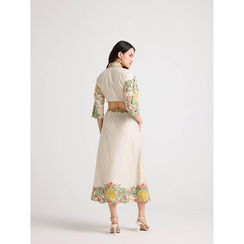 CHANDRIMA Ivory Floral Checkered Cutwork Button-Down Skirt