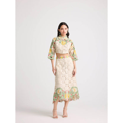 CHANDRIMA Ivory Floral Checkered Cutwork Button-Down Skirt