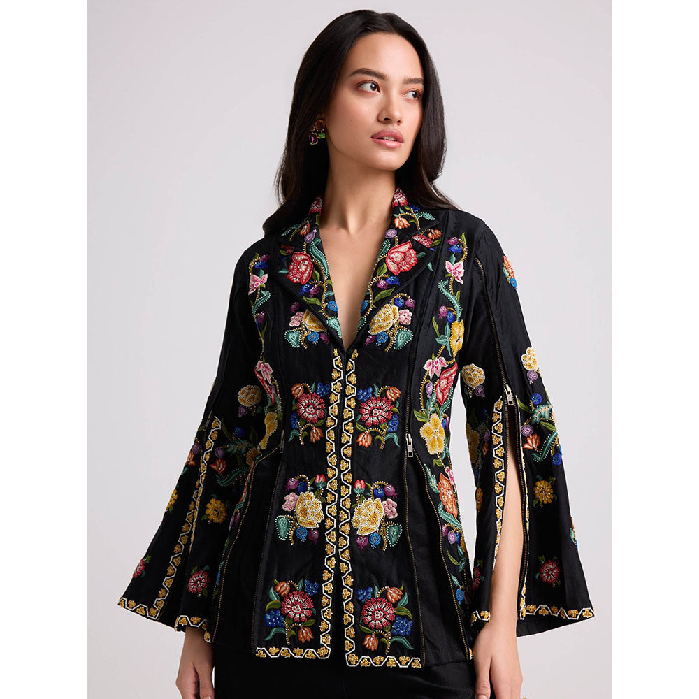 CHANDRIMA Black Floral Zipper Detail Jacket