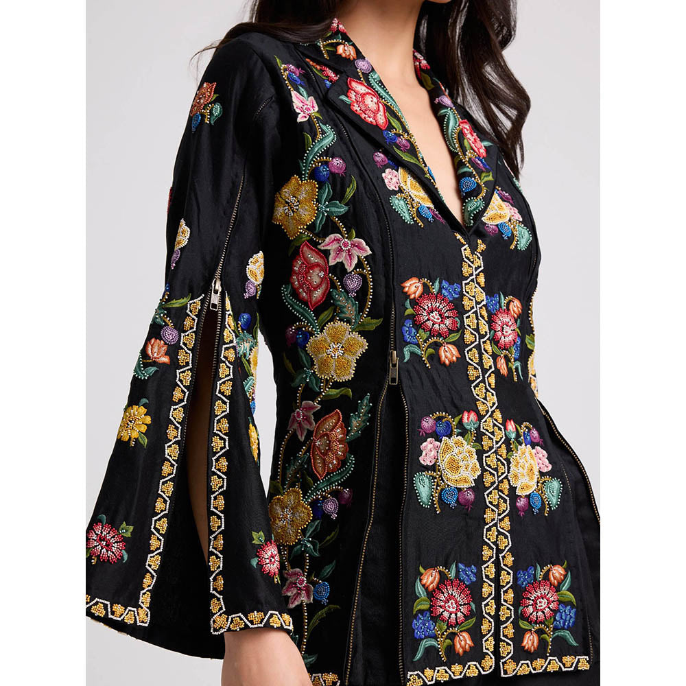 CHANDRIMA Black Floral Zipper Detail Jacket