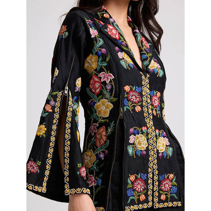 CHANDRIMA Black Floral Zipper Detail Jacket