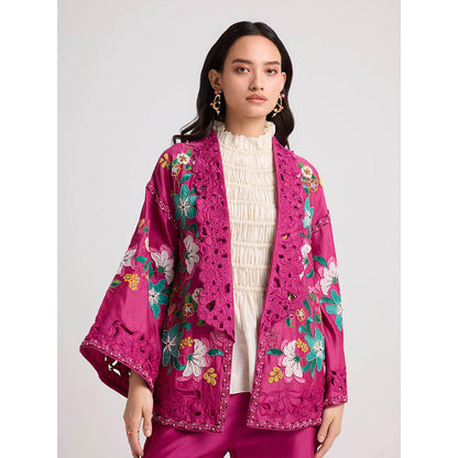 CHANDRIMA Fuchsia Pink Applique and Beadwork Flared Jacket
