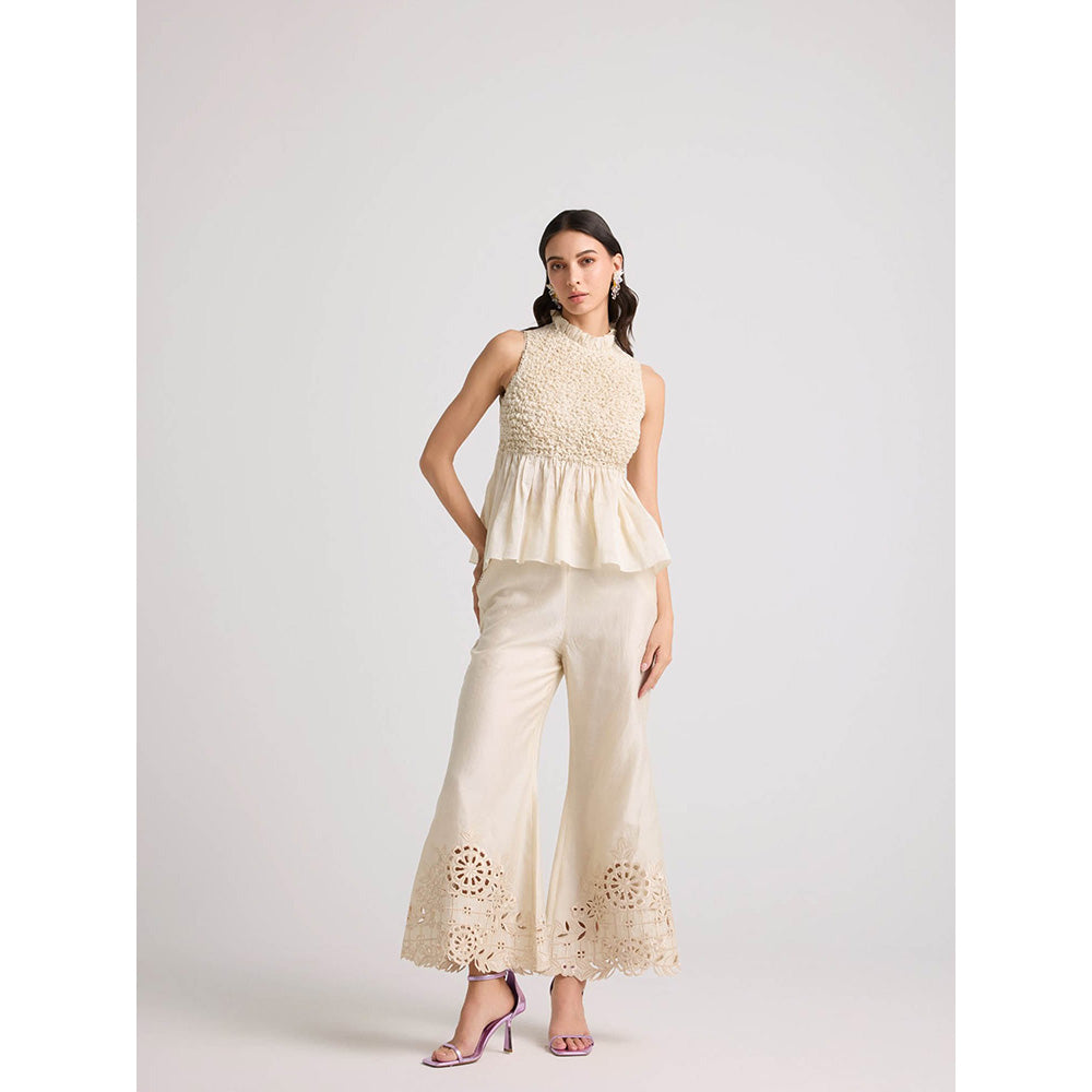 CHANDRIMA Ivory Floral Cutwork Bell Bottom Pant