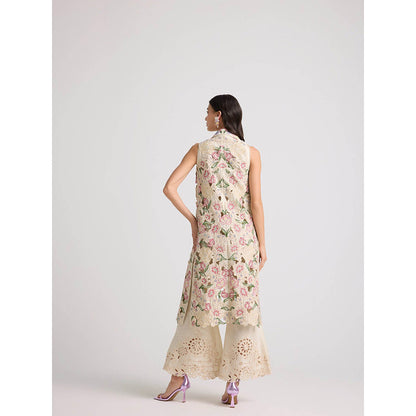 CHANDRIMA Ivory Floral Cutwork Bell Bottom Pant