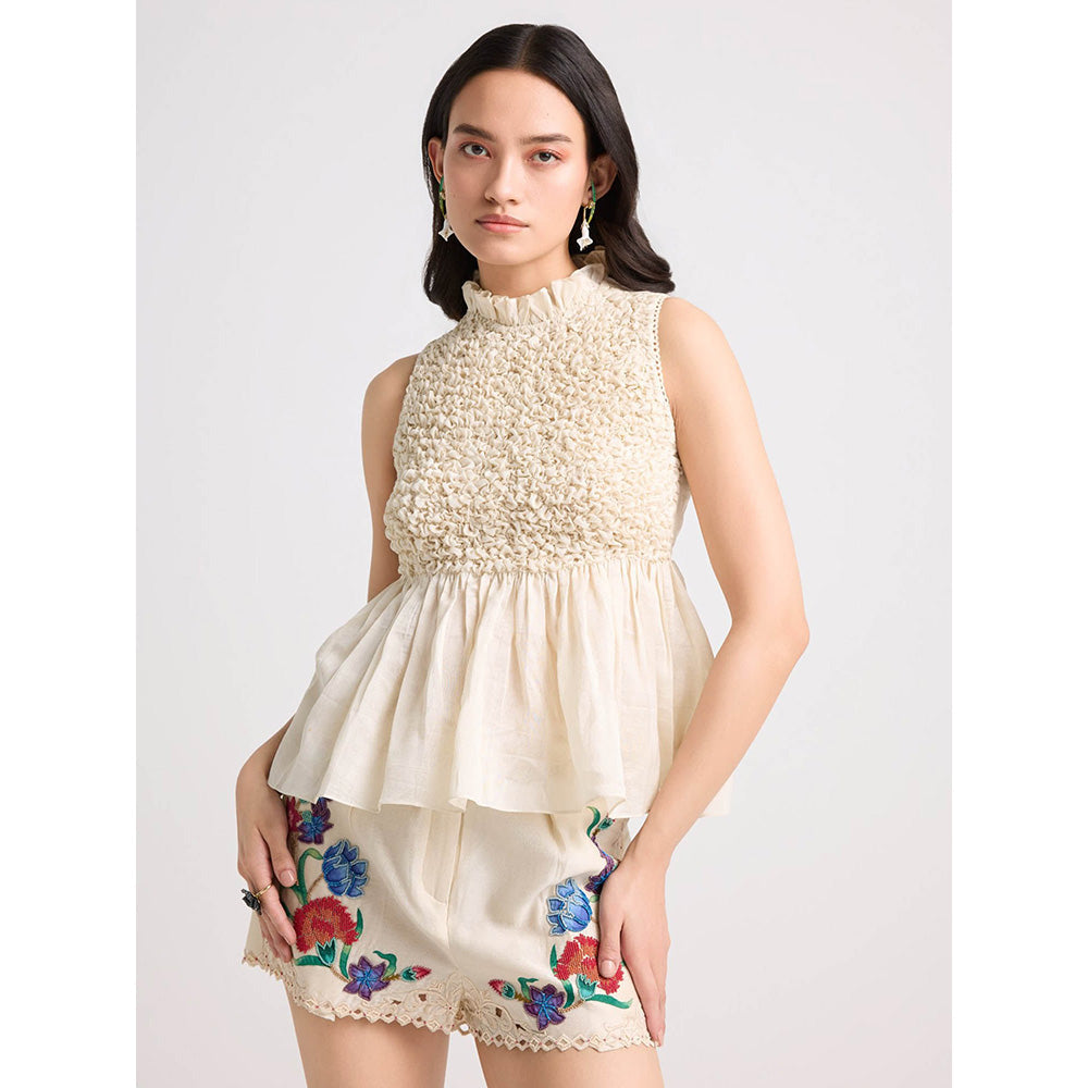 CHANDRIMA Ivory Smocked Textured Top