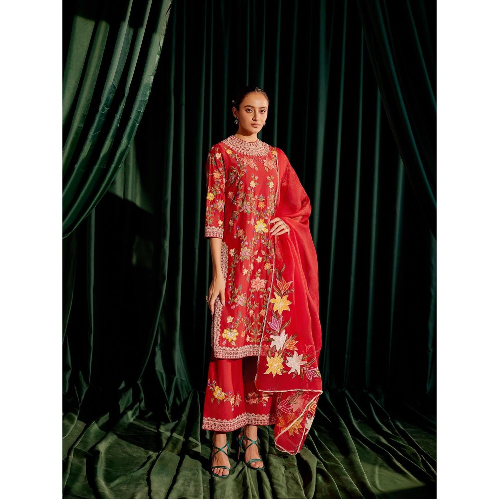 CHANDRIMA Red Floral Applique Dupatta