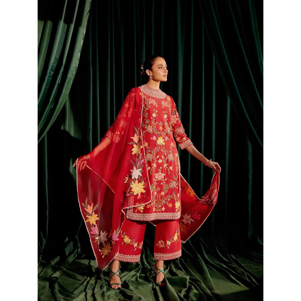 CHANDRIMA Red Floral Applique Dupatta