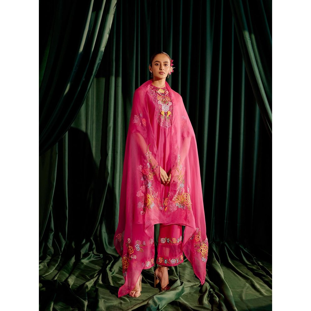 CHANDRIMA Fuchsia Pink Floral Cutwork Dupatta