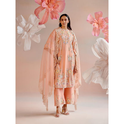 CHANDRIMA Apricot Contrast Floral Cutwork Dupatta