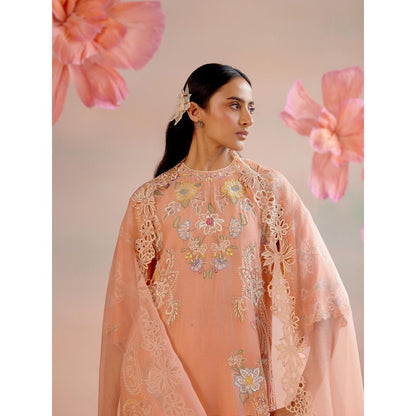 CHANDRIMA Apricot Contrast Floral Cutwork Dupatta