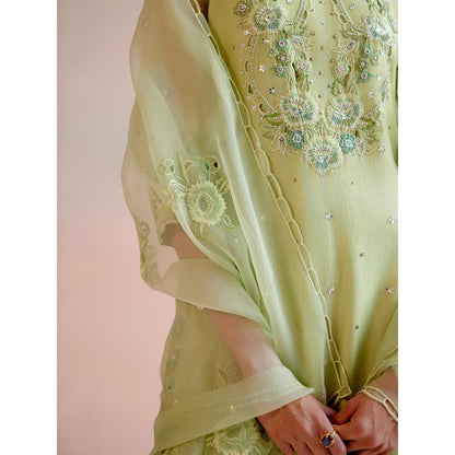 CHANDRIMA Mint Green Tonal Cutwork Dupatta