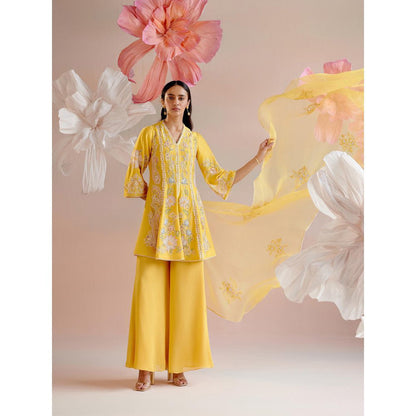 CHANDRIMA Yellow Floral Cutwork Dupatta