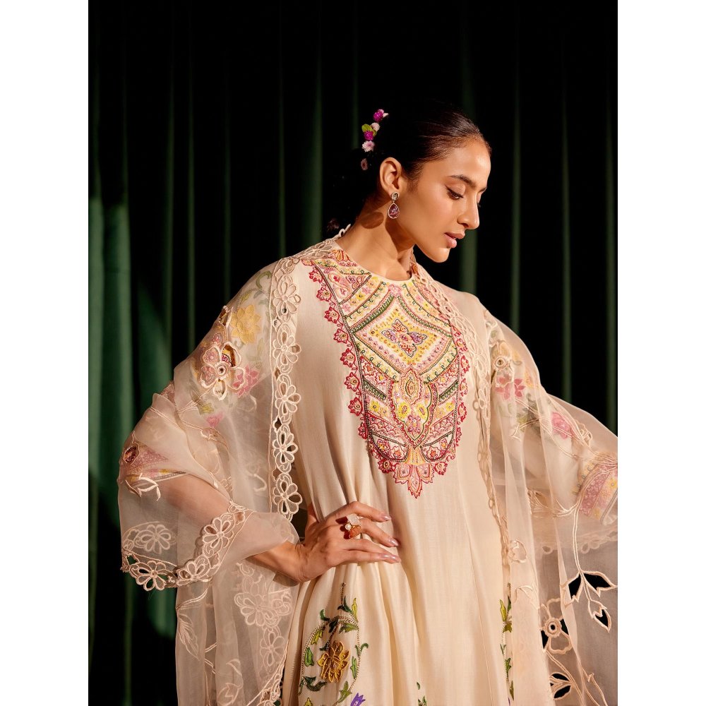 CHANDRIMA Pink Floral Cutwork Dupatta