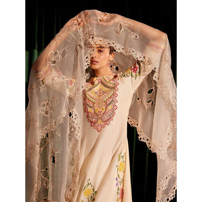 CHANDRIMA Pink Floral Cutwork Dupatta